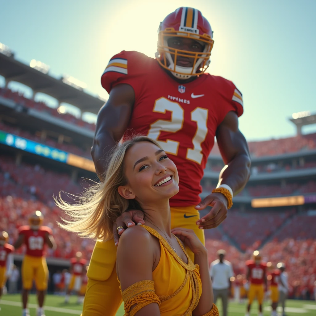 Blonde, Beautiful, and strong cheerleader lifting a large male football player high above her head with her strong arms. Photorealistic. View from a distance. Wide angle.