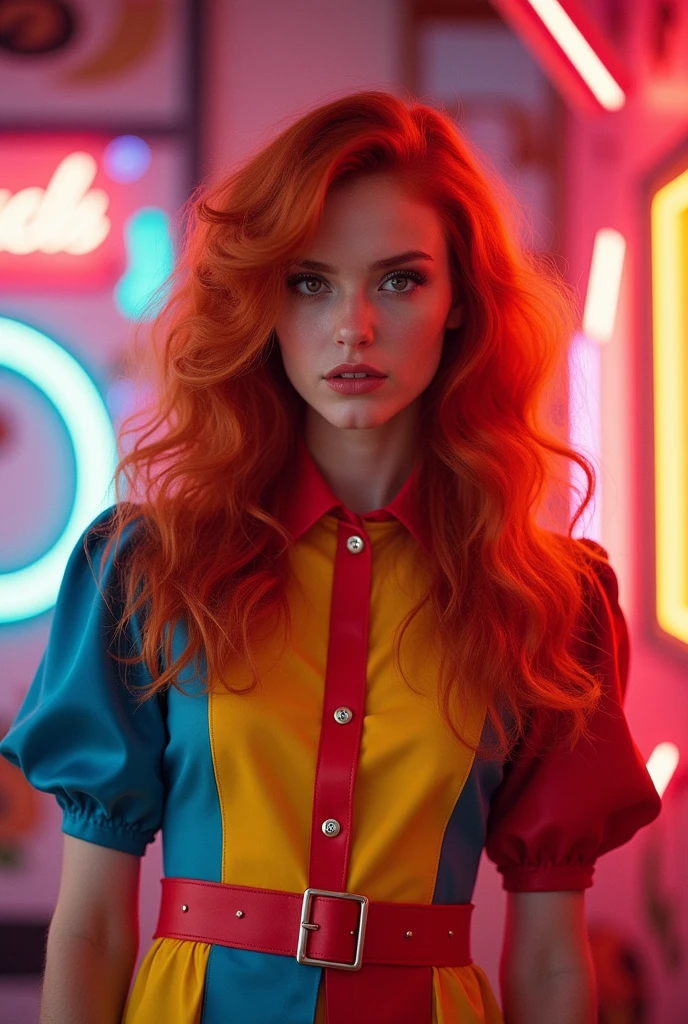 Redheaded girl in an 80s dress , fully body 