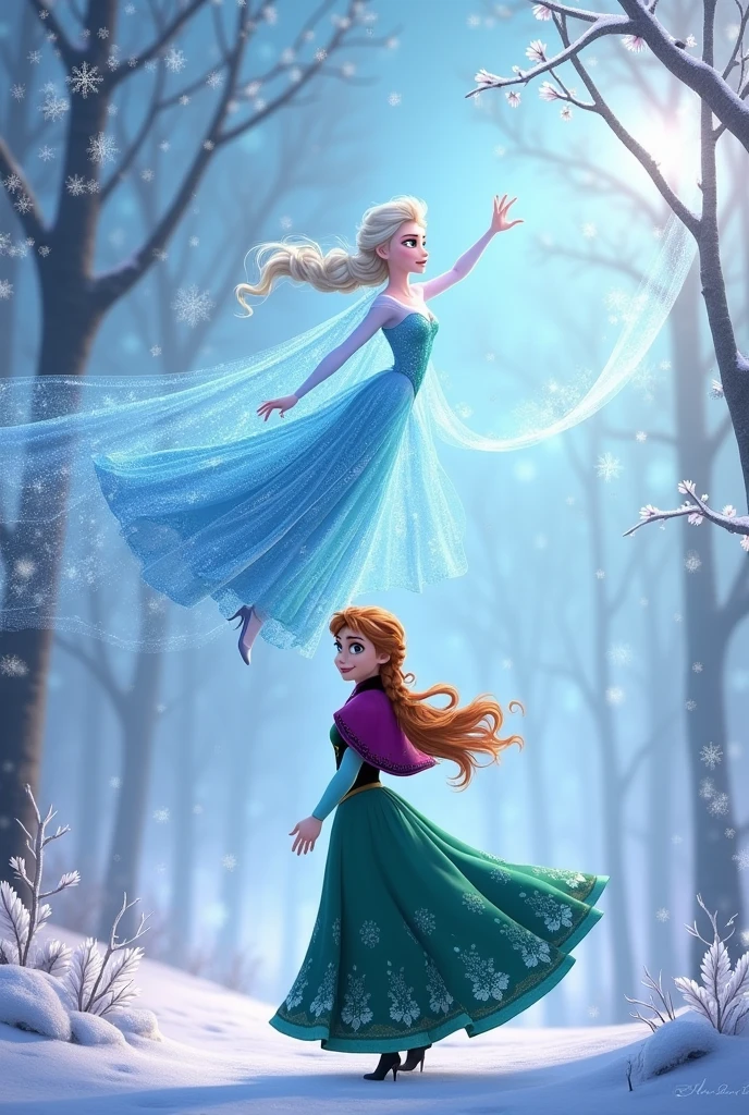 A double digital birthday invitation with a Frozen theme where Anna is present but they are at the bottom of the image and Elsa with nothing written,