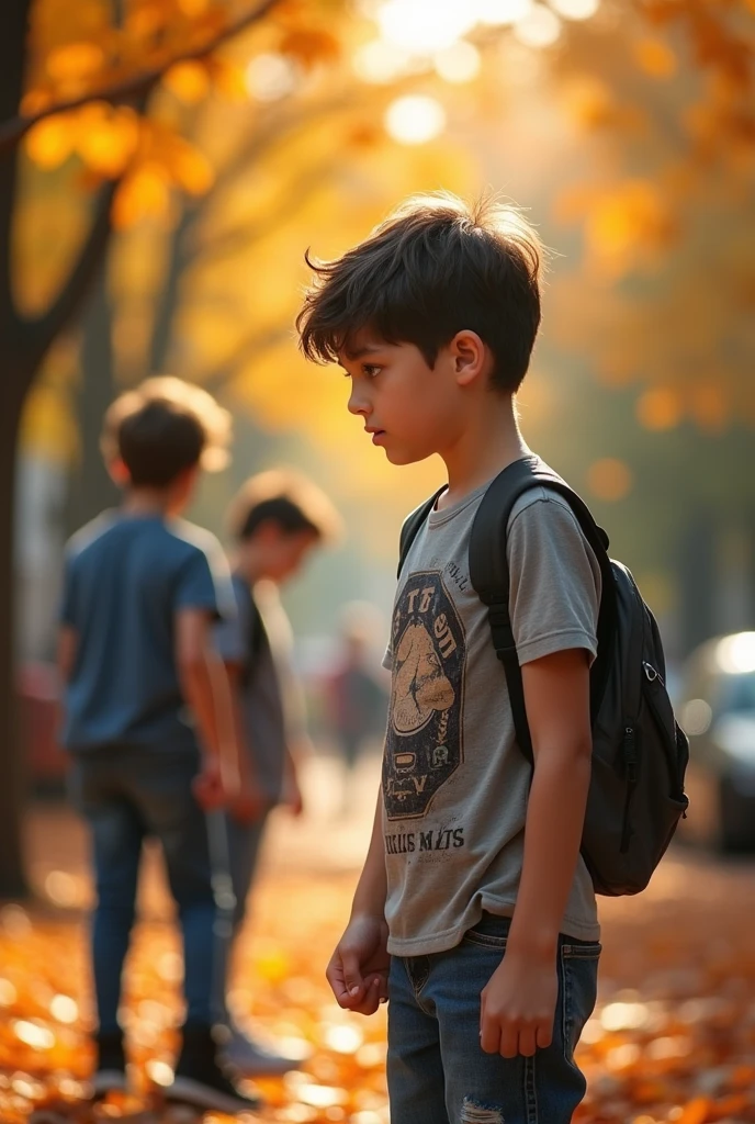 After class close-up focus HD video. waiting for their mother to pick them up.Carrying a schoolbag、Squatting by the wall with a hat on his back.Holding his chin in boredom.The background is the bokeh effect of the school gate. nice images, Comfortable and beautiful, Quiet waiting mood, .(best quality,4K,8k,high resolution,masterpiece:1.2),super detailed,(actual,photoactual,photo-actual:1.37),
