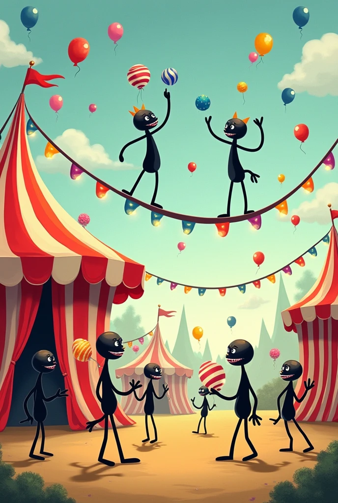 Draw me a picture of stick figures inside a circus