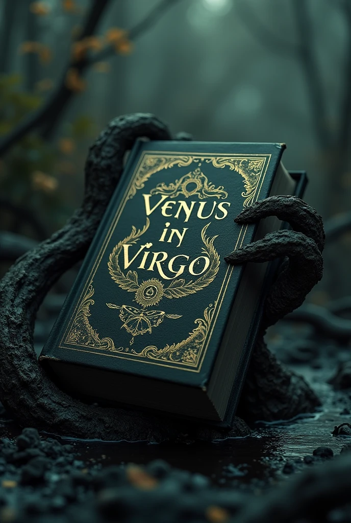 a mysterious book written Venus in Virgo on the cover,placed in a kind of diabolical plant, so that he holds him in the air, as if holding him with his branches, he is surrounded by a black mud and has characteristics of an umbra environment