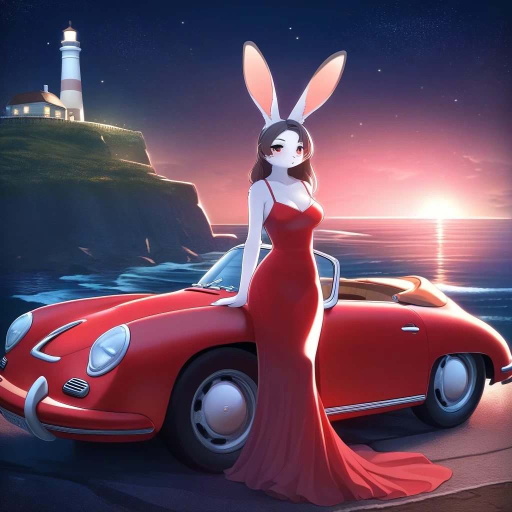 ((Masterpiece)), ((Best Quality)), (Very Detailed), ((Very Detailed)), 4K, (8K), very aesthetic, absurdres highres, 1 woman, (anthropomorphic Rabbit, furry, kemono:1.5), A beautiful female model leans against a metallic red Porsche 356 on a road along the coast against a cool night view. Her fashion exudes a free spirit, and her car’s chrome bumper and open top shine. The shot is shot from a low angle, emphasizing the car and the woman. Waves crash against the shore, a lighthouse is visible in the distance, and stars twinkle in the night sky. The moonlight reflects off the sea, adding a magical touch. The woman’s dress flows in the wind, and she wears elegant accessories. The car’s leather seats and wood steering wheel are visible, and the emblem and license plate are detailed.