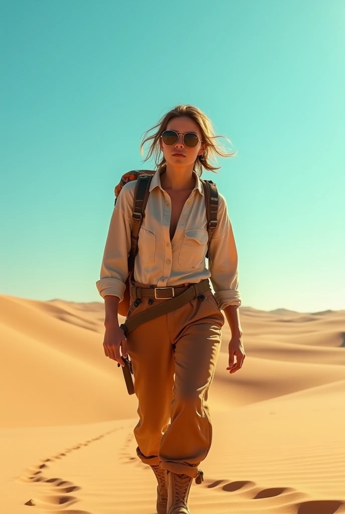 ((best qualityer)), ((work of art)), ((realisitic)), ((best qualityer)), ((work of art)), ((realisitic)), walking in the desert, looking tired, wear loose clothing Long-sleeved shirts and pants, harness, oculos de sol, Very beauthful, in a natural and casual style at eye level, scenic, work of art, (high resolution), original, extremely detalheed 8K , (photorealisitic:1.4),flawless face, perfects eyes,symmetrical body shape,ssmile,