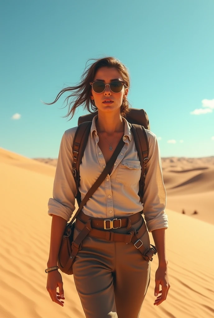 ((best qualityer)), ((work of art)), ((realisitic)), ((best qualityer)), ((work of art)), ((realisitic)), walking in the desert, looking tired, wear loose clothing Long-sleeved shirts and pants, harness, oculos de sol, Very beauthful, in a natural and casual style at eye level, scenic, work of art, (high resolution), original, extremely detalheed 8K , (photorealisitic:1.4),flawless face, perfects eyes,symmetrical body shape,ssmile,