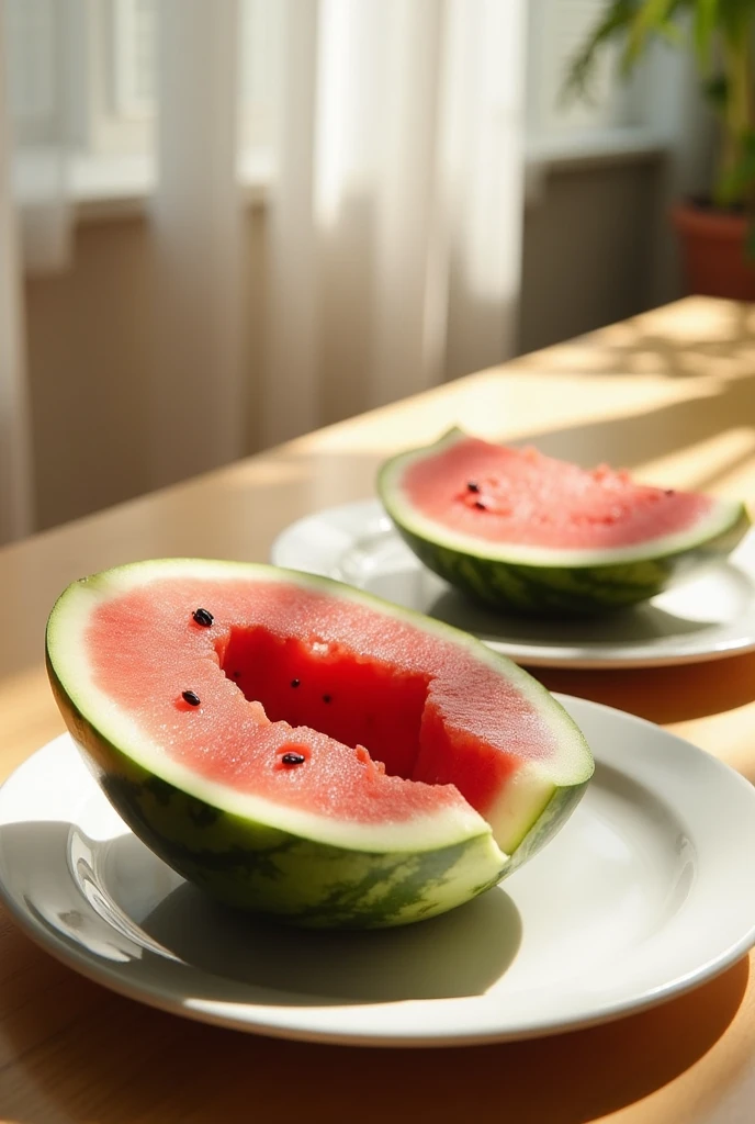 There were only two white plates on the table，They each had half a watermelon，One of the watermelons had its center half scooped out，The other watermelon had its left half eaten，The right half is left intact
