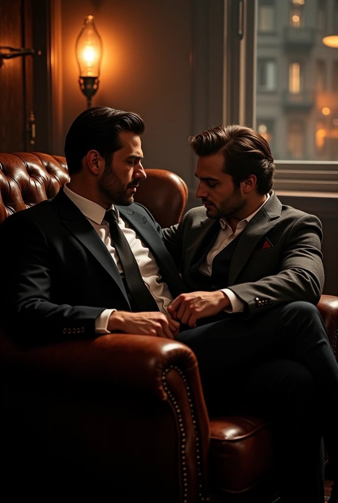 Create a cover for a book on Wattpad that contains the following:: It should be a bit realistic and should have a mobster sitting in a chair with an excited expression and a 25-year-old man sitting on his lap looking into each other's eyes.