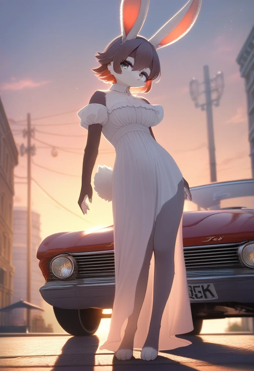 ((Masterpiece)), ((Best Quality)), (Very Detailed), ((Very Detailed)), 4K, (8K), very aesthetic, absurdres highres, 1 woman, (anthropomorphic Rabbit, furry, kemono:1.5), A beautiful female model stands next to a metallic vintage car on a city street corner at sunset. She strikes a graceful pose and is photographed from a low angle. The car's bumper and classic wheels shine, buildings in the background is depicted in detail. looking at viewer