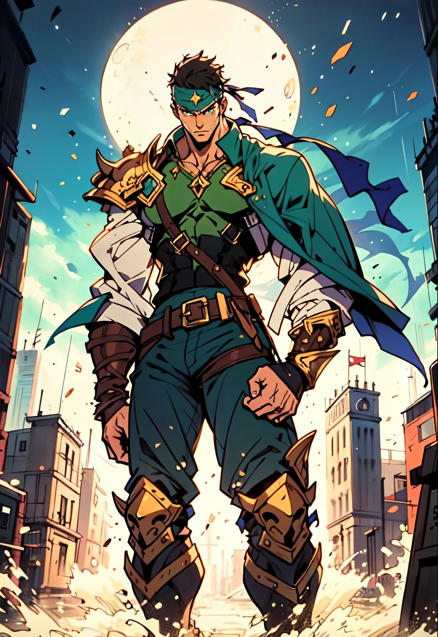 (masterpiece:1.2, best quality:1.2, extremely delicate:1.2), ((male:1.5)), a middle-aged man with short dark blue hair, a green headband tied around his forehead, sharp eyes, a heroic face, long sideburns, a long beard on his chin, a confident expression, a tall and muscular build, a fantasy-realist style short-sleeved coat, with a white and green form-fitting chest armor underneath, a flowing cape hangs from his right shoulder, heavy iron wrist guards, his belt is connected to small skirt armor plates, coarse cloth trousers, long boots that include shin guards, stands like a guardian in front of a city gate, this character embodies a finely crafted fantasy-realist style warrior in anime style, exquisite and mature manga art style, dramatic, high definition, highres, ultra-detailed, ultra-fine painting, professional, perfect body proportions, golden ratio, anatomically correct, symmetrical face, extremely detailed eyes and face, high quality eyes, creativity, RAW photo, UHD, 32k, Natural light, cinematic lighting, (masterpiece-anatomy-perfect:1.2)