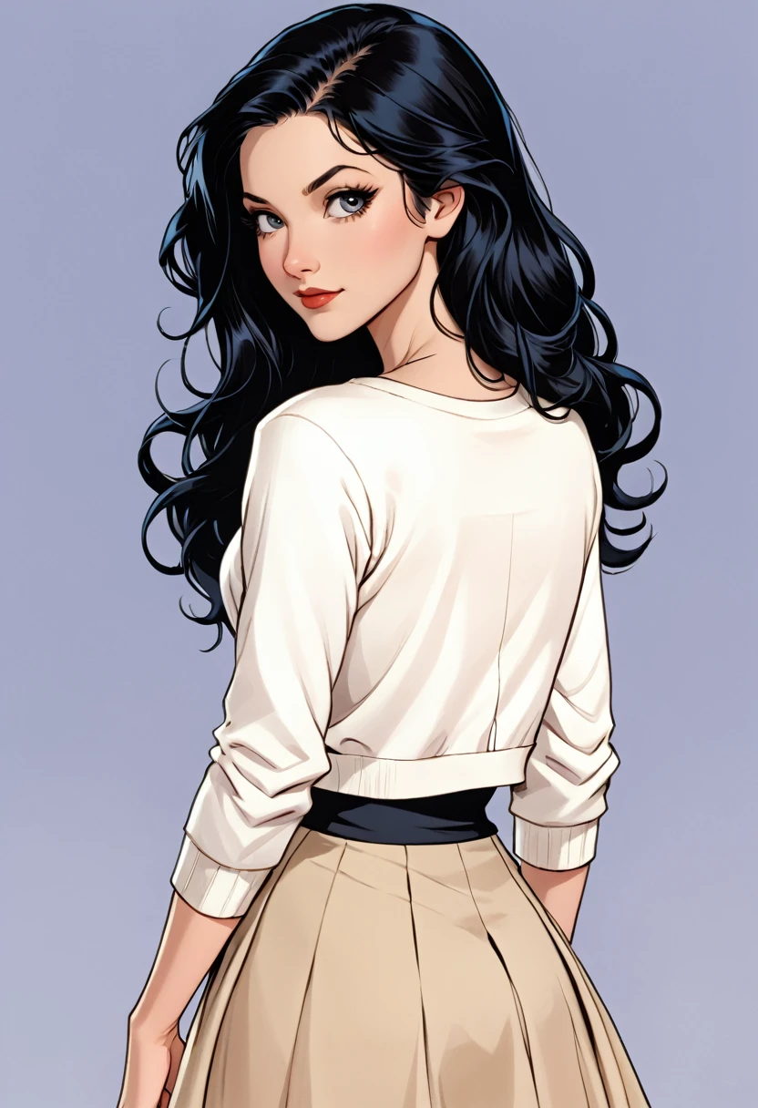 DC comic girl with long black hair in a twist-back hairstyle with her ends semi-curled. Her eyes are hazel-doe-like. She had porcelain-like skin. Her features are soft and dainty. Very feminine and extremely pretty. She had a white cropped T-shirt with a beige open cardigan on top and a black skirt. 