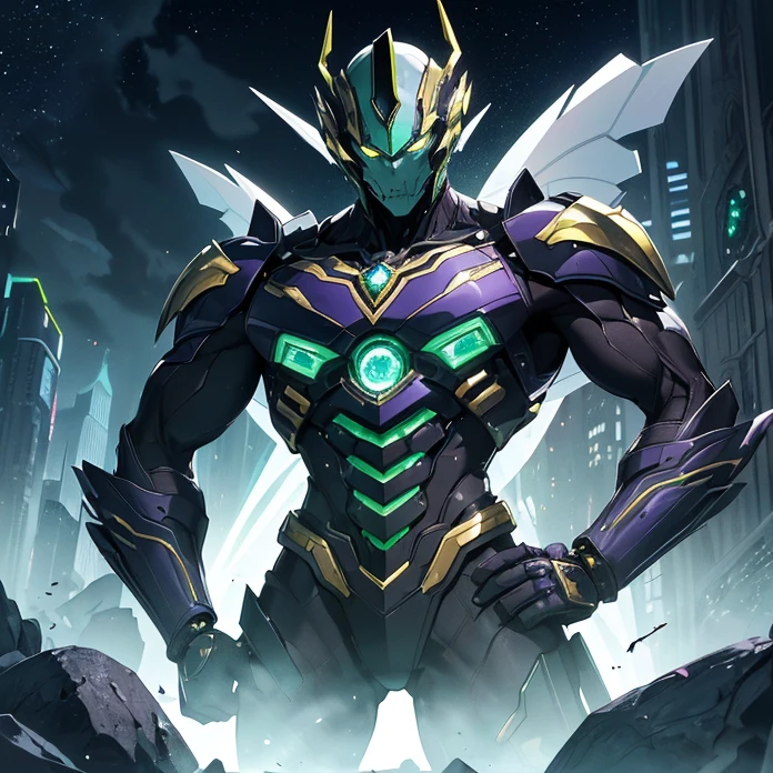 (ultra high res), ((photorealistic)), ((Hyperrealism)), fusion, Ecliptor from Power Ranger, Zurg, cannon made of alien technology in right hand, high-tech green sword in left hand,, anatomically correct, HD, best quality, 16k, extremely detailed,
