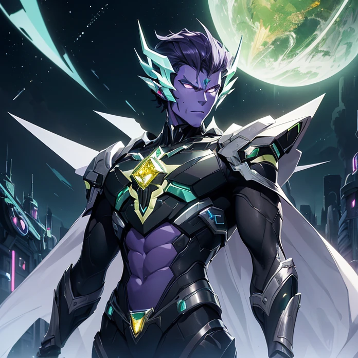 Absurdres, masterpiece, HD, high resolution, science-fantasy, alien, character alone, ordered context, best quality, epic story dramatic and conspiracy, best features and characteristics
{{1character: 80 years old male elder cyclops "Decepticon-Shockwave":(biomechanical characteristics, purple skin, blue eye, squared head, yellow diamond crest on his forehead, has no mouth, silver wings at left and right of the head, long green arms, white six-fingered clawed hands, slender torso, green cuirass, green and black pants, silver diamond squared belt)(confident pose, powerful pressence, imponent arrogant demeanor, open left hand, left arm rised, right hand clenched, showing elegant greatness of himself),(green planet, green rocky landscape, darker black sky, yellow light stars in the darker black sky, several blue-diamond-skyscrappers at the green rocky surface)}}