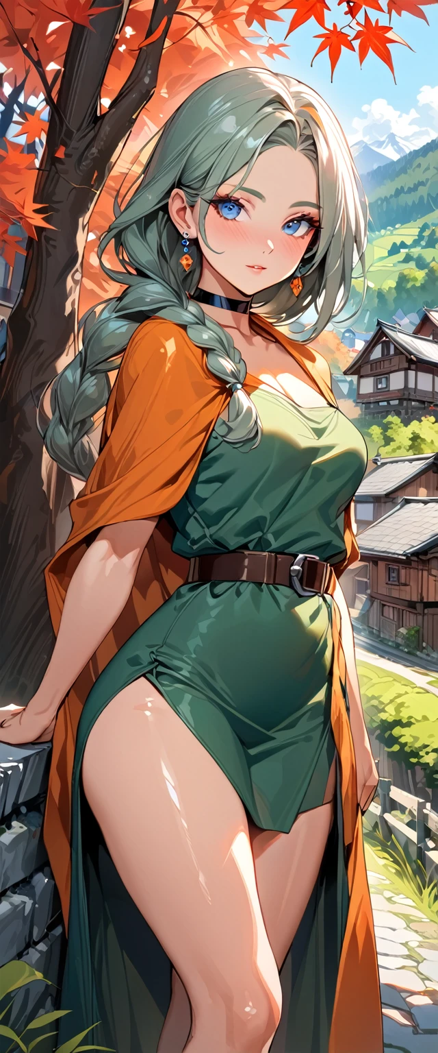 (masterpiece, best quality:1.3), looking at viewer, upper body, portrait, 1girl, solo, dqBianca, blue eyes, single braid, earrings, orange cape, green dress, belt, choker, beautiful eyes, beautiful face, shiny skin, glossy skin, maple trees, village, outdoors, full body, bow and arrow