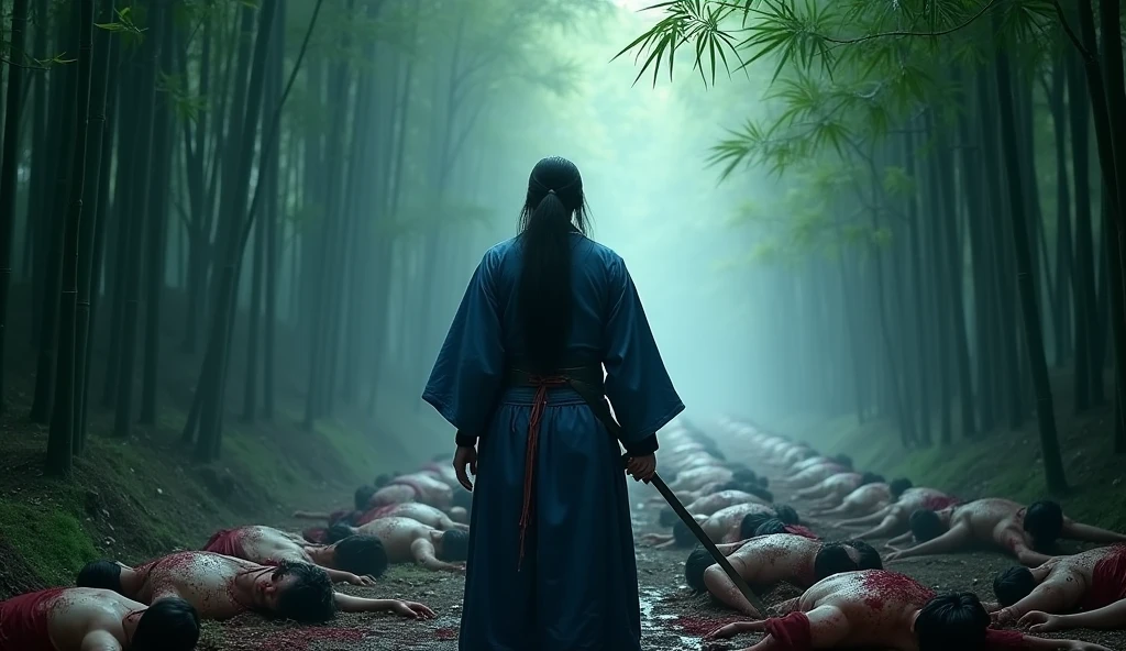 A lone assassin, a man with long, messy hair. wearing traditional Korean clothing in dark blue, carrying a long sword, There are 100 male corpses scattered, covered in blood. realistic. set against the backdrop of a bamboo forest