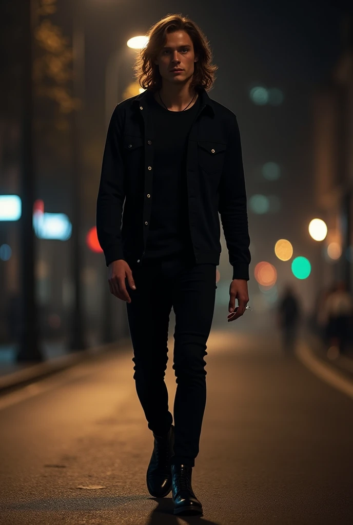 Show me Harry with long hair, walking in a dark background, Chelsea Boots, skinny black jeans and a shirt of the same tone.