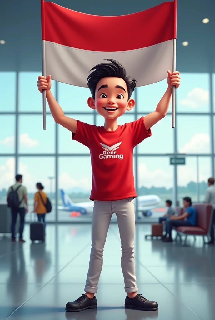 A 4D caricature of a 24-year-old Indonesian man with short hair , while smiling. Indonesia wears red shirts with the words "deer gaming" and white pants and black shoes is holding an August Indonesian flag. with an airport background. Full HD 12K realistic very clear and super detailed.