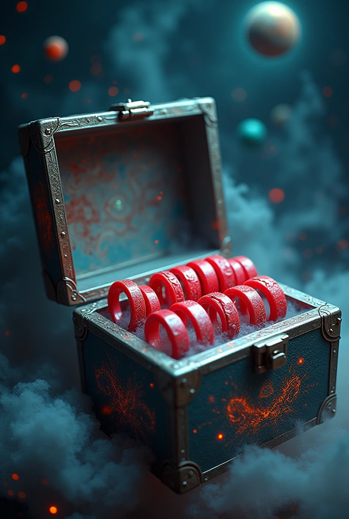 Make a box with 10 red rings of different alien-style shapes , with different alien symbols