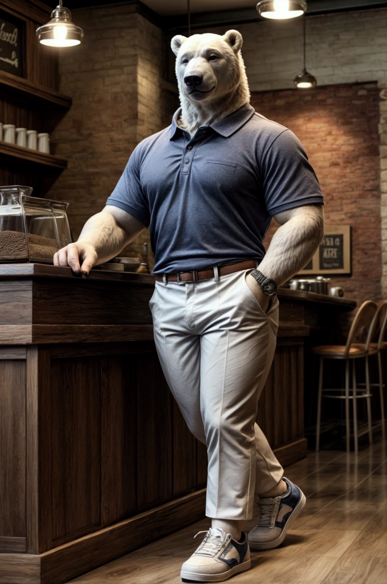 Polar bear wearing tailored pants and polo shirt and white sneakers in coffee shop
