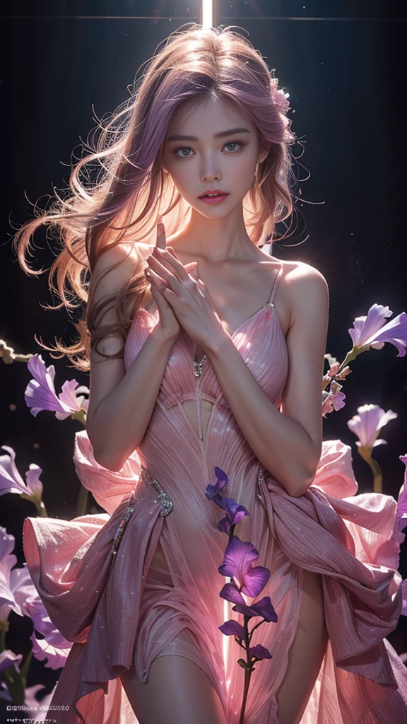 Full figure, seven -clinging shooting, 14 years young,wearing transparent science fiction dress, exquisite faces, details, hands, ultimate details, amazing magnificence, LED internal lighting, Pedaipan style, fiber hair, glowing pink iris, glowing pink iris,