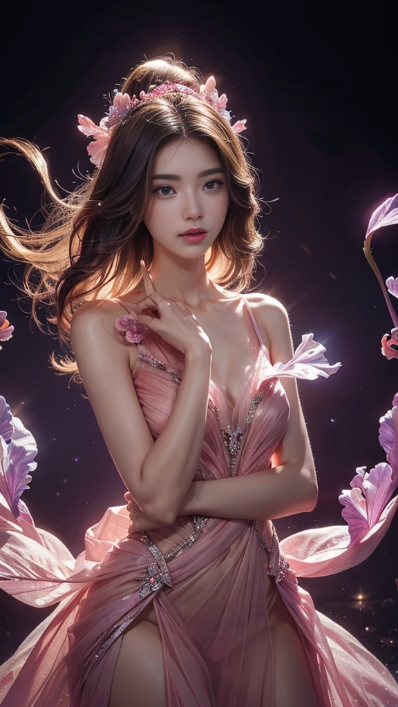 Full figure, seven -clinging shooting, 14 years young,wearing transparent science fiction dress, exquisite faces, details, hands, ultimate details, amazing magnificence, LED internal lighting, Pedaipan style, fiber hair, glowing pink iris, glowing pink iris,