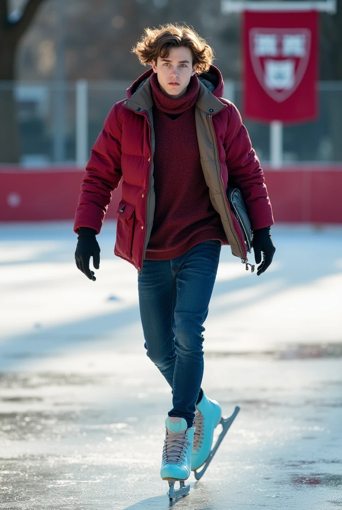 Draw a young adult skater, American man,with ice blue ice skates,skateboarding clothes,the skating rink with the Harvard flag,who is also a doctor, got a scholarship to study at Harvard because of his skating talent,  brown hair and blue eyes, Caucasian skin and winter clothes 