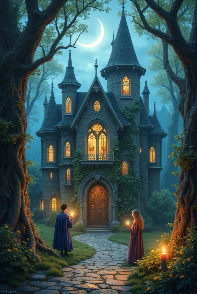 Create a painting of a mystical school in a witchy style