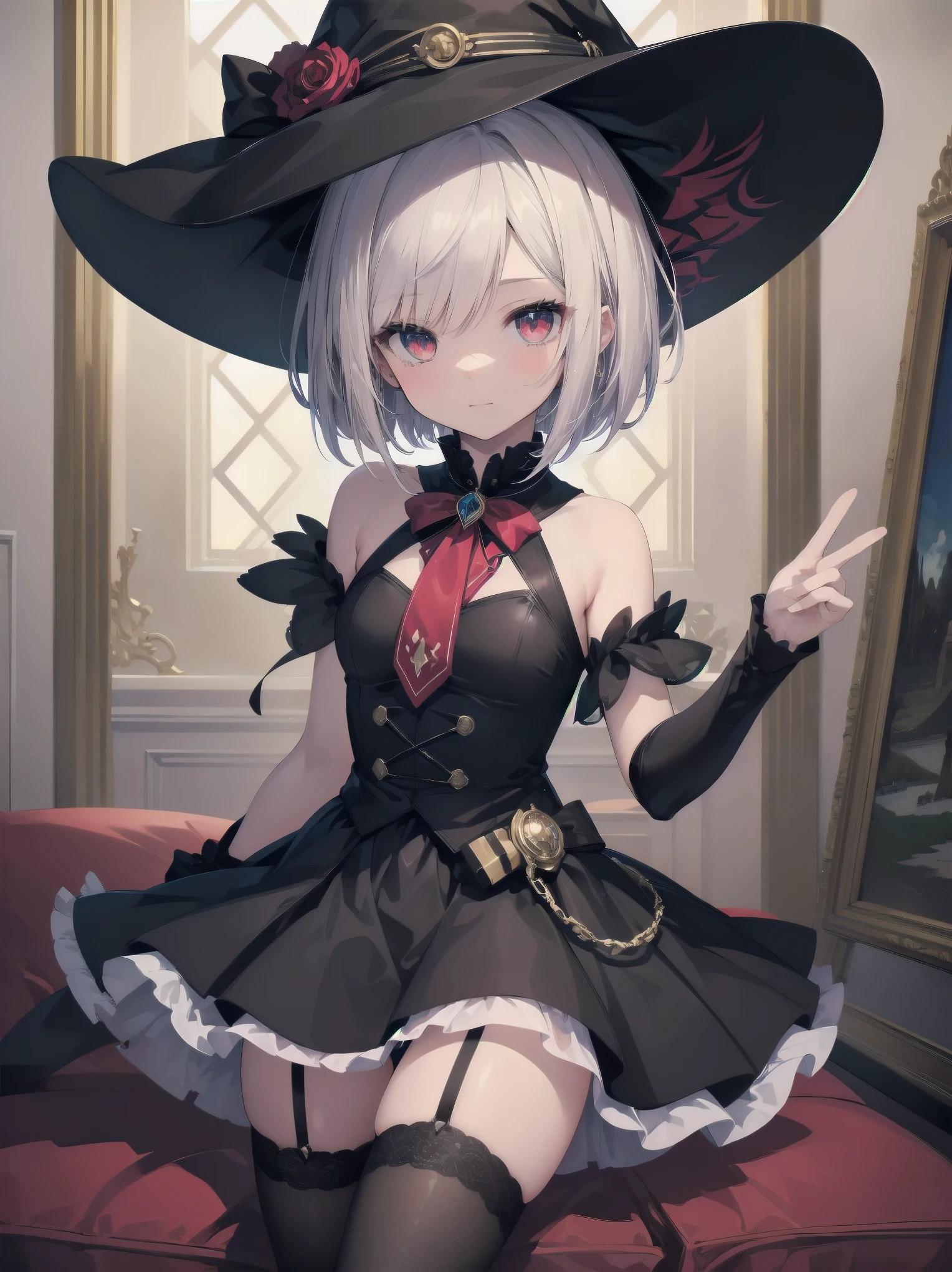 (Masterpiece artwork: 1.3), (top-quality: 1.2), Grande plano de one rapariga bonita, Ultra-detailed illustration, Ultra-high quality, high qualiy, top-quality, members, Fingers, beautiful and slender girl, one, Eyes red, leather witch cosplay, little devil, bob cut, black stocking, deer hat, illuminated kinematics