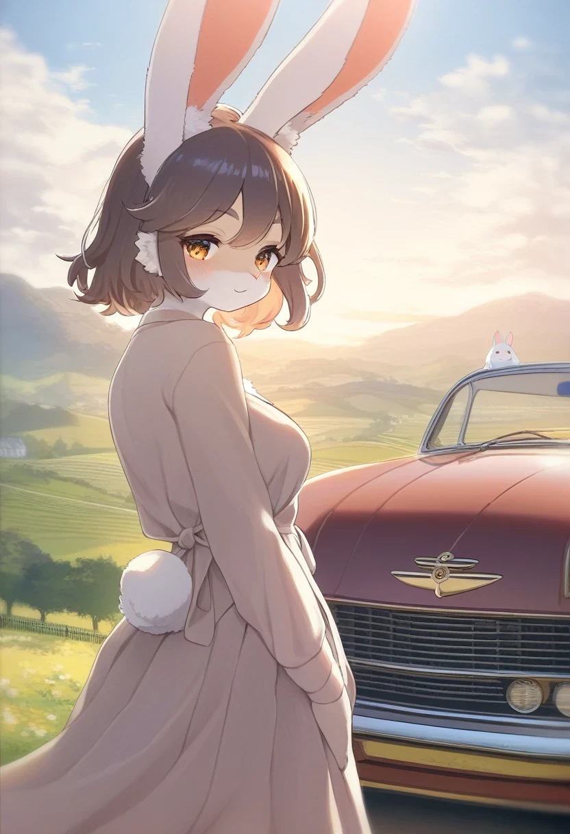 ((Masterpiece)), ((Best Quality)), (Very Detailed), ((Very Detailed)), 4K, (8K), very aesthetic, absurdres highres, 1 woman, (anthropomorphic Rabbit, furry, kemono:1.5), A beautiful female model stands in front of a metallic vintage car in soft morning light with a rural landscape in the background. Her hair blows in the wind, creating a nostalgic atmosphere. The car's classic wheels and open top are detailed, and the background scenery is simple and beautiful, look at viewer,