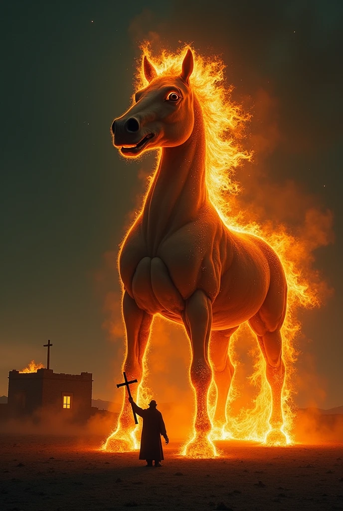 In the middle of the field, under the dark, starless sky, a completely headless horse, wrapped in orange flames, emerges from the darkness. The creature, imposing and terrifying, and completely headless, but it is in a menacing pose, with hooves raised and flames coming from its body. Ao fundo, the old ranch is partially visible, wrapped in darkness, while Father Emanoel, small in comparison, raises the crucifix against the creature.