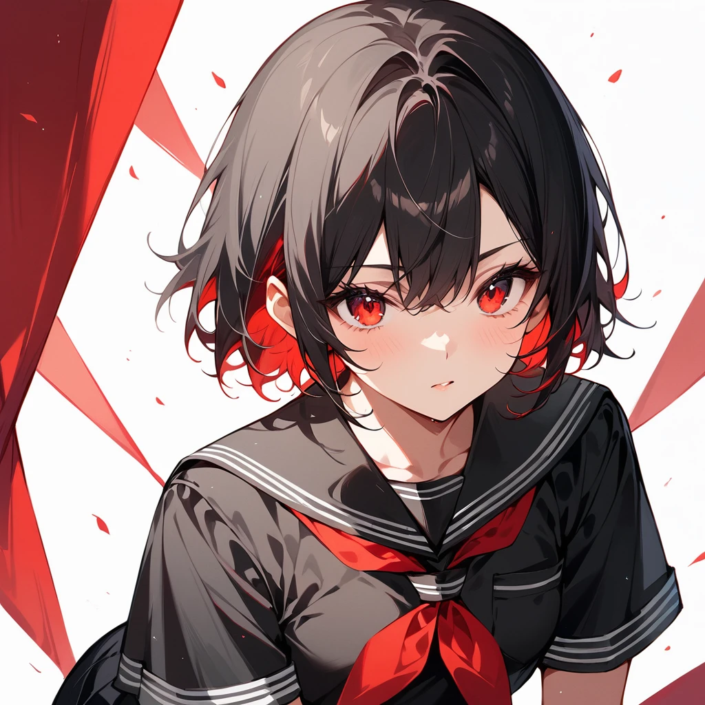 score_9, score_8_up, score_7_up, masterpiece, ultra-detailed, pretty eyes,1Girl, solo, teenager, short, small chest, big hips, red eyes, thick thighs, short hair, black hair, red Inner Hair, teenager, wearing (BLACK clothing). BLACK short-sleeve serafuku, red neckerchief,  Simple background, White background, portrait
