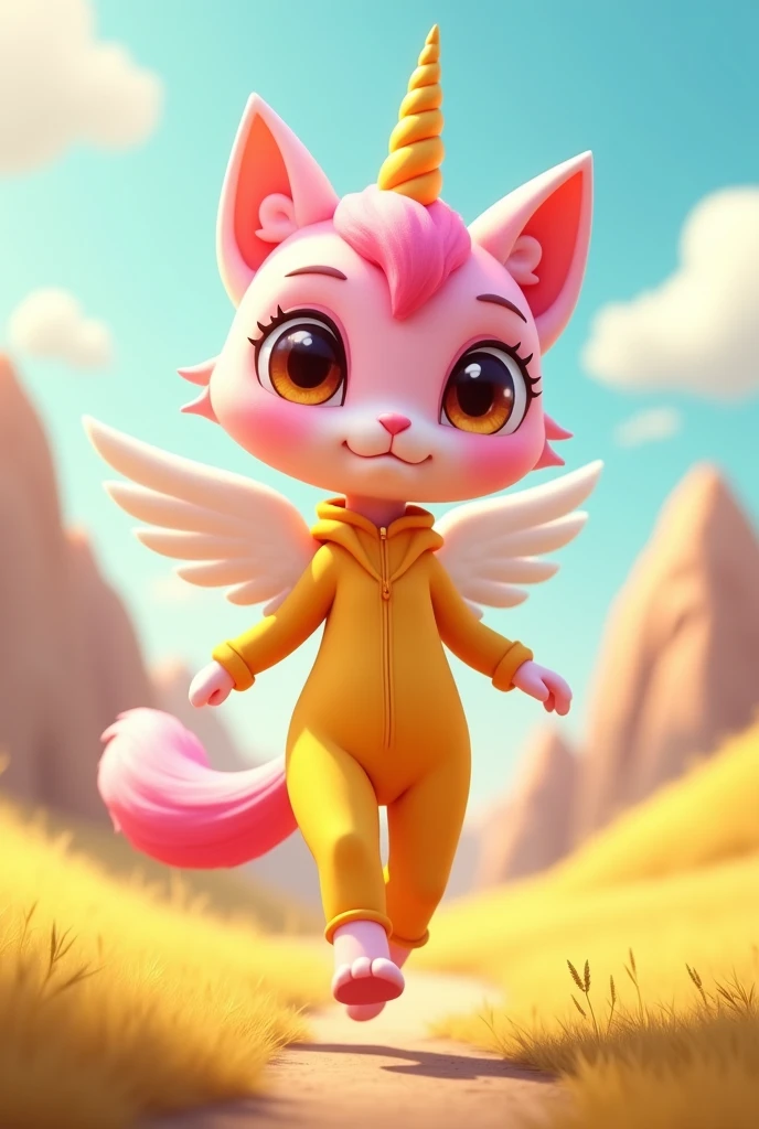 A pink alicorn cat with brown eyes wears a yellow jumpsuit with yellow shoes. She's a bit skinny and has a fluffy, bushy tail. She has white wings and a golden horn in the middle of her forehead, in the style of a Top Wing character.