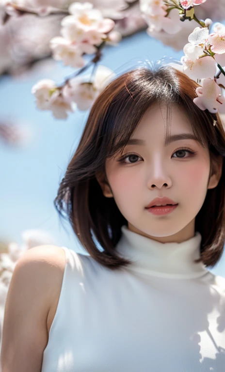( (((A beautiful woman))), ((a white cherry blossom)),(((detailed face))),(crotch),normal breasts,pretty,sleeveless turtle neck, white silky clothes, 4k , super high resolution ,(photo-realistic: 1.7),white background,black short hair, ((SFW)), cowboy_shot, medium shot, high angel shot, bokeh.)