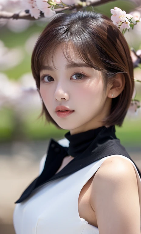 ( (((A beautiful woman))), ((a white cherry blossom)),(((detailed face))),(crotch),normal breasts,pretty,sleeveless turtle neck, white silky clothes, 4k , super high resolution ,(photo-realistic: 1.7),white background,black short hair, ((SFW)), cowboy_shot, medium shot, high angel shot, bokeh.)