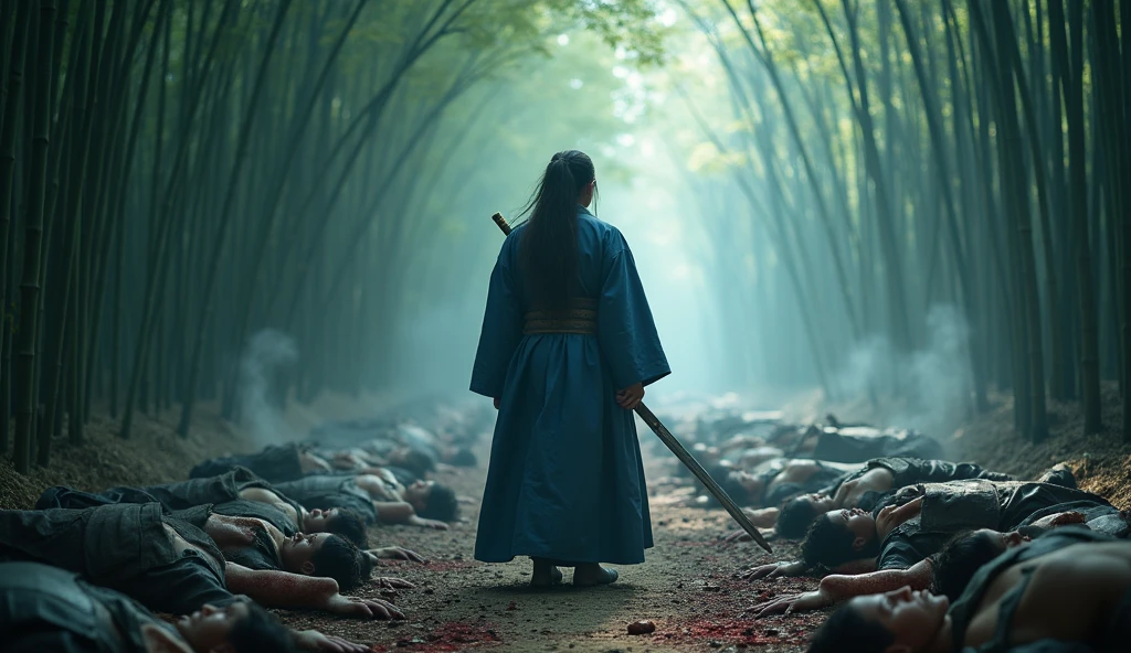 A lone assassin, a man with long, messy hair. wearing a dark blue traditional Korean clothing, carrying a long sword, There are 100 male corpses scattered, covered in blood. realistic. set against the backdrop of a bamboo forest