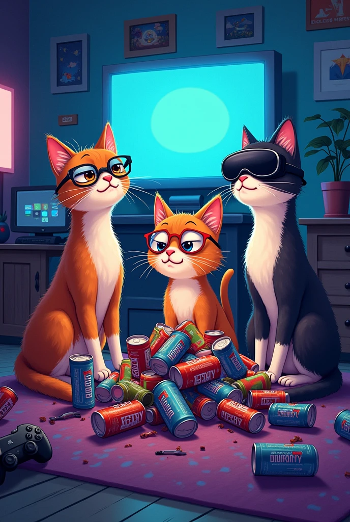 Create 4 AI cat images that show how gaming is harmful to your eyes.