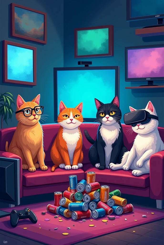 Create 4 AI cat images that show how gaming is harmful to your eyes.