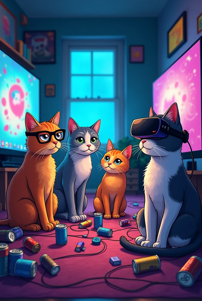 Create 4 AI cat images that show how gaming is harmful to your eyes.