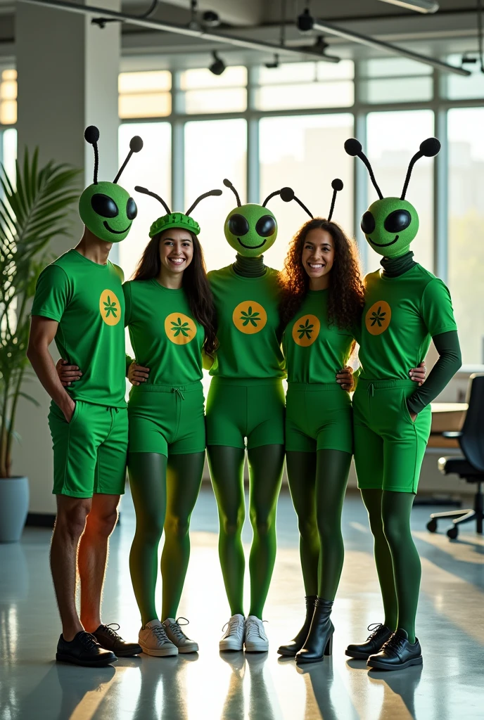 Team of female and male employees standing together with ant faces wearing green uniforms