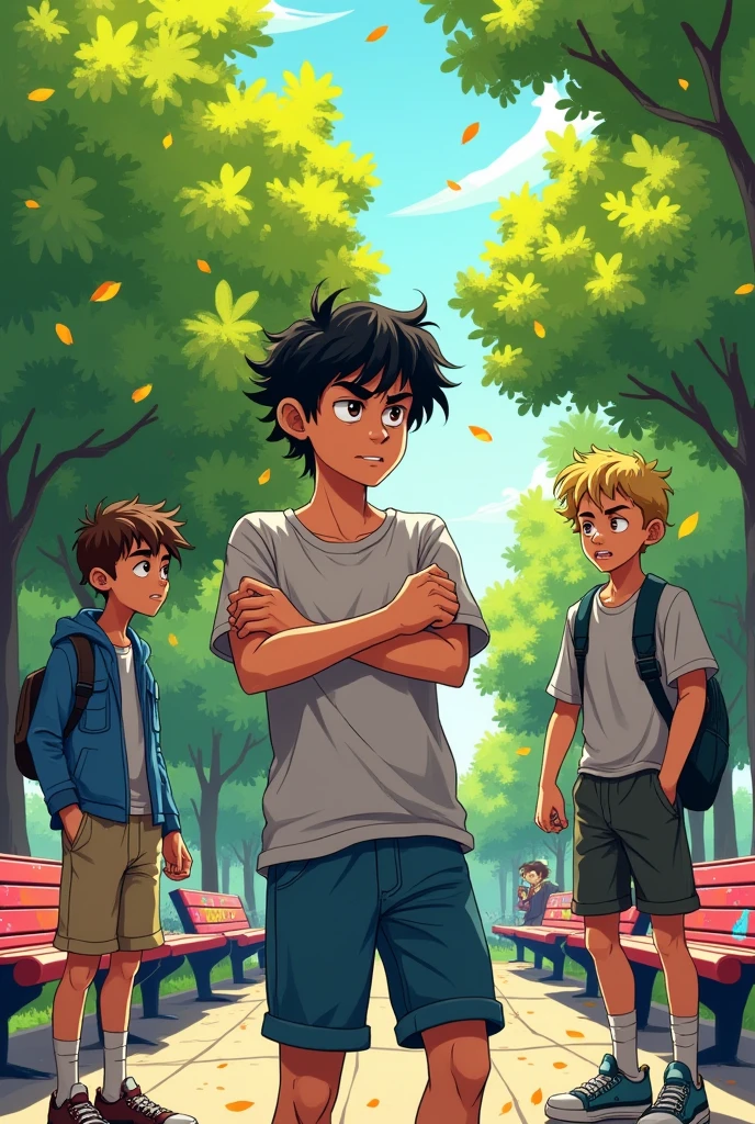 Angry teenager watching two other male teenagers having a conversation
