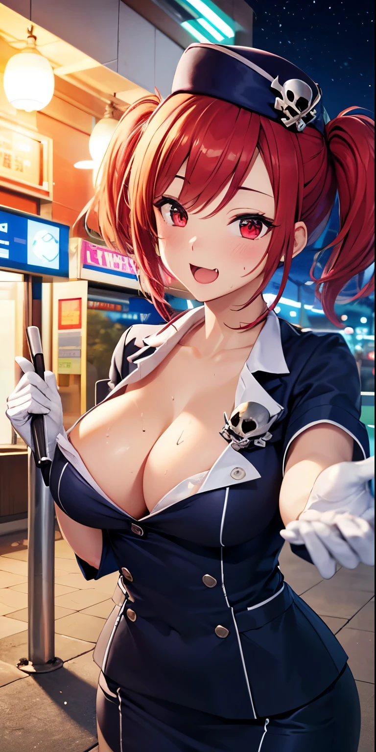 1 Female,High definition,high resolution,Ultra-realistic,8K, 8K, 1girl, solo, red hair, red eyes, twintails, employee uniform, pencil skirt, skull print, navy cap, fang, black legwear, white gloves,European,sexy,Upper body close-up,Photographed from the front,Dynamic Angles,(blush), big tits , happy, wink the eye,facial, sweat,multicolored hair , outdoors, moonlight, night ,bus station background
