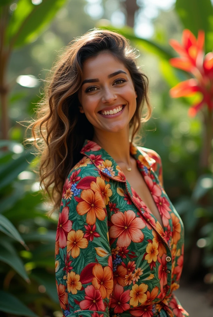 A Brazilian woman in a lush tropical garden, wearing an open shirt with a floral print, with a close-up capturing the harmonious beauty between her breasts and the natural flowers, showing off your natural charm and outgoing personality.