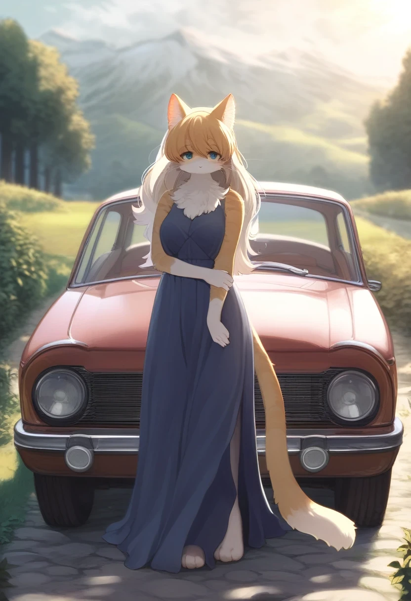 ((Masterpiece)), ((Best Quality)), (Very Detailed), ((Very Detailed)), 4K, (8K), very aesthetic, absurdres highres, 1 woman, (anthropomorphic cat, furry, kemono:1.5), A beautiful female model stands in front of a metallic vintage car in soft morning light with a rural landscape in the background. Her hair blows in the wind, creating a nostalgic atmosphere. The car's classic wheels and open top are detailed, and the background scenery is simple and beautiful, look at viewer,