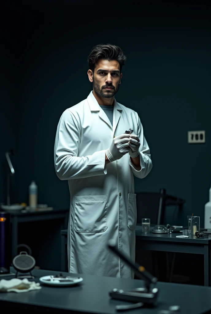 Show me Zayn, in a medical examiner's uniform on a dark background