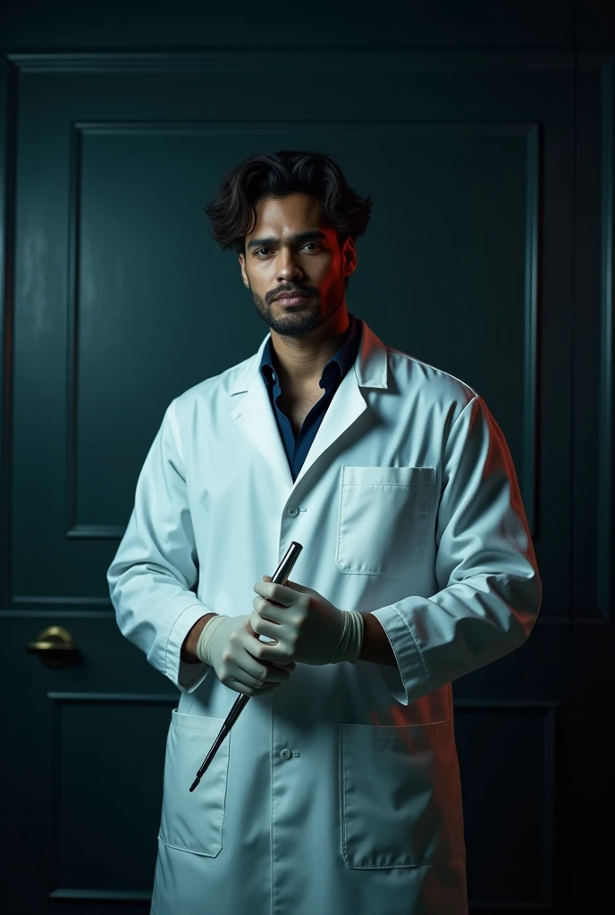 Show me Zayn, in a medical examiner's uniform on a dark background