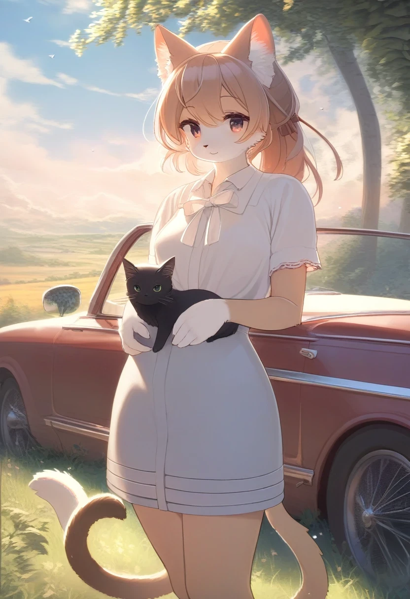 ((Masterpiece)), ((Best Quality)), (Very Detailed), ((Very Detailed)), 4K, (8K), very aesthetic, absurdres highres, 1 woman, (anthropomorphic cat, furry, kemono:1.5), A beautiful female model stands in front of a metallic vintage car in soft morning light with a rural landscape in the background. Her hair blows in the wind, creating a nostalgic atmosphere. The car's classic wheels and open top are detailed, and the background scenery is simple and beautiful, look at viewer,
