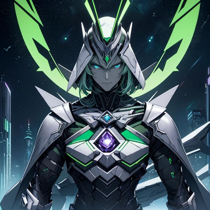 Absurdres, masterpiece, HD, high resolution, science-fantasy, alien, character alone, ordered context, best quality, epic story dramatic and conspiracy, best features and characteristics
{{1character: Decepticon-Shockwave:(biomechanical characteristics, purple skin, blue eye, squared head, yellow diamond crest on his forehead, has no mouth, silver wings at left and right of the head, long green arms, white six-fingered clawed hands, slender torso, green cuirass, green and black pants, silver diamond squared belt)(confident pose, powerful pressence, imponent arrogant demeanor, open left hand, left arm rised, right hand clenched, showing elegant greatness of himself),(green planet, green rocky landscape, darker black sky, yellow light stars in the darker black sky, several blue-diamond-skyscrappers at the green rocky surface)}}