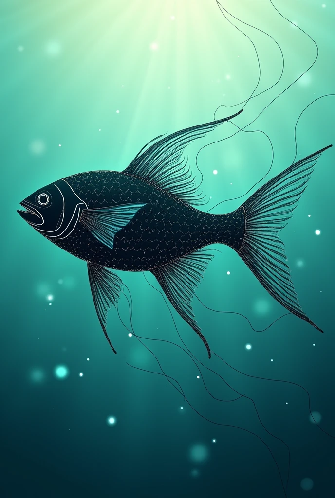make a silhouette of a fish with an electrical circuit, with several small wires in a drawing