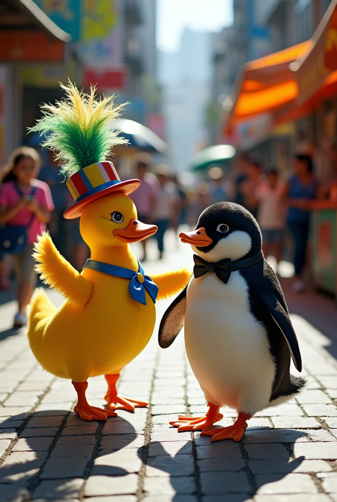 a duck dancing with a penguin for alms in São Paulo