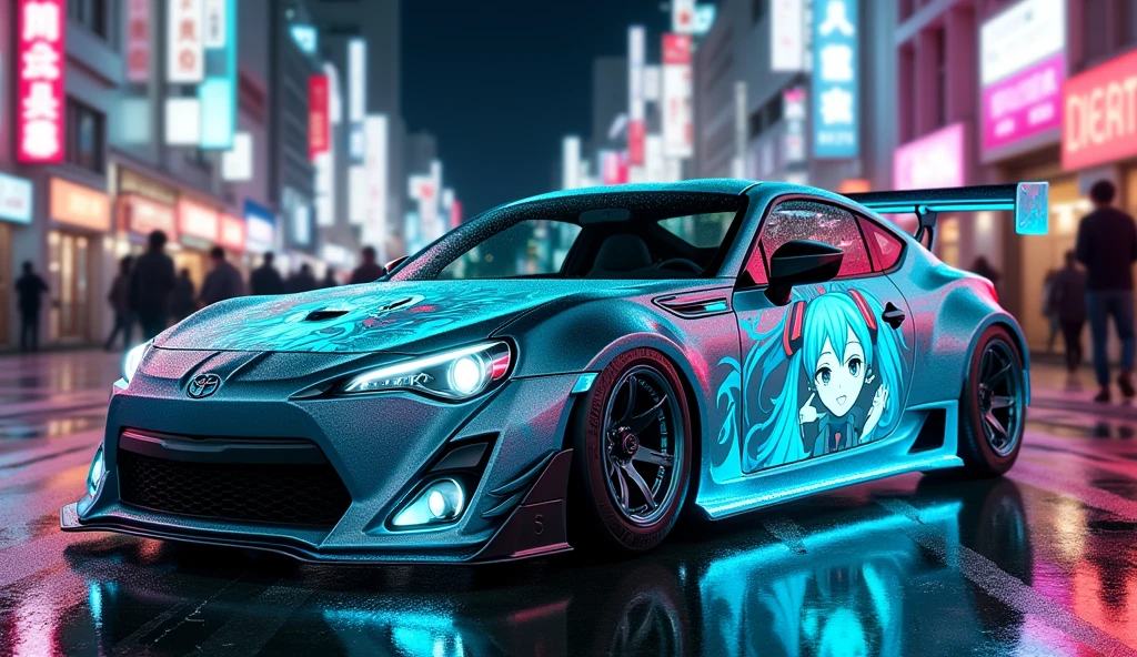 an ecchi car, a car with body painted with Hatsune Miku, vibrant neon light, car light up, Akihabara night street, photorealistic, night view photo