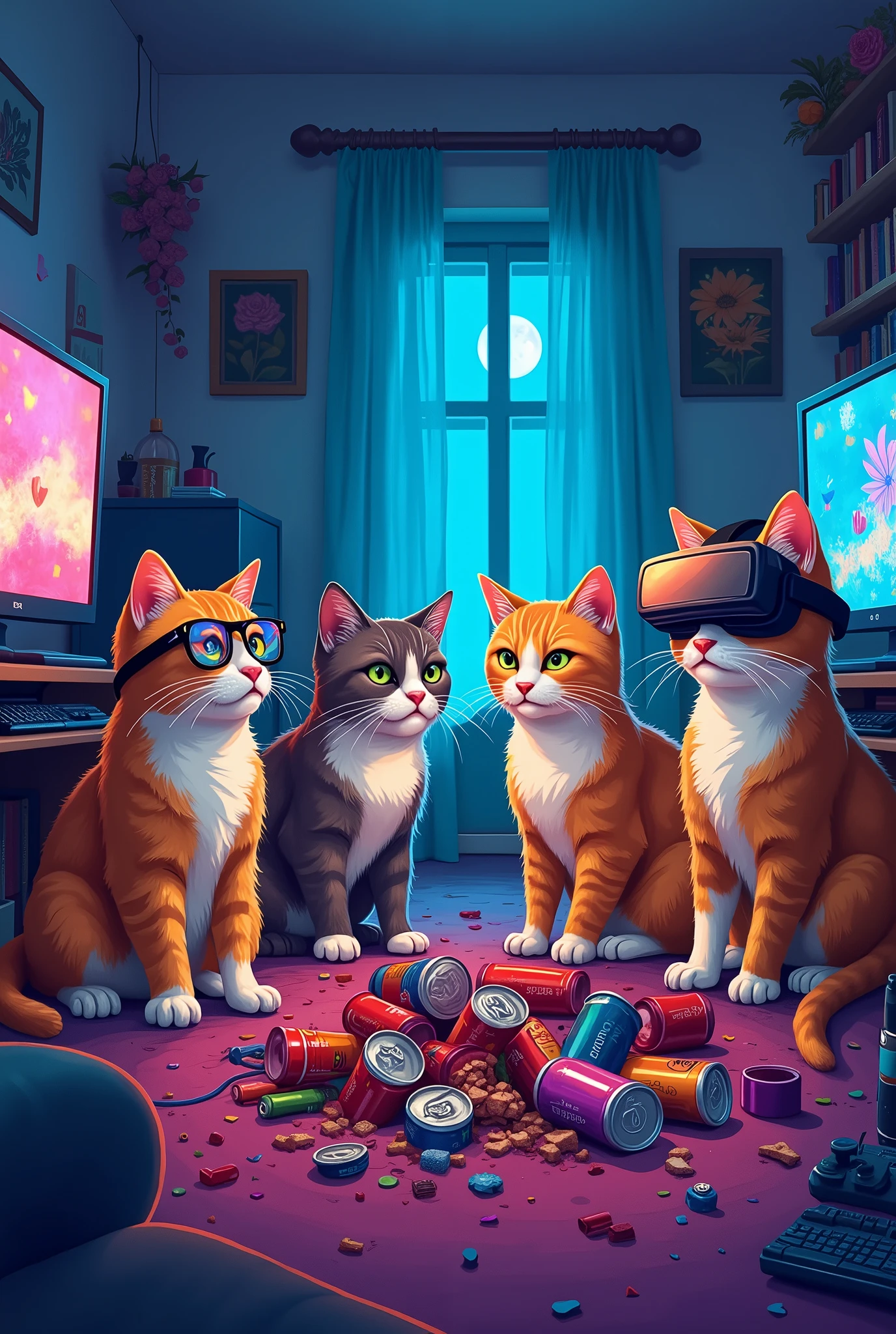 Create 4 AI cat images that show how gaming is harmful to your eyes.